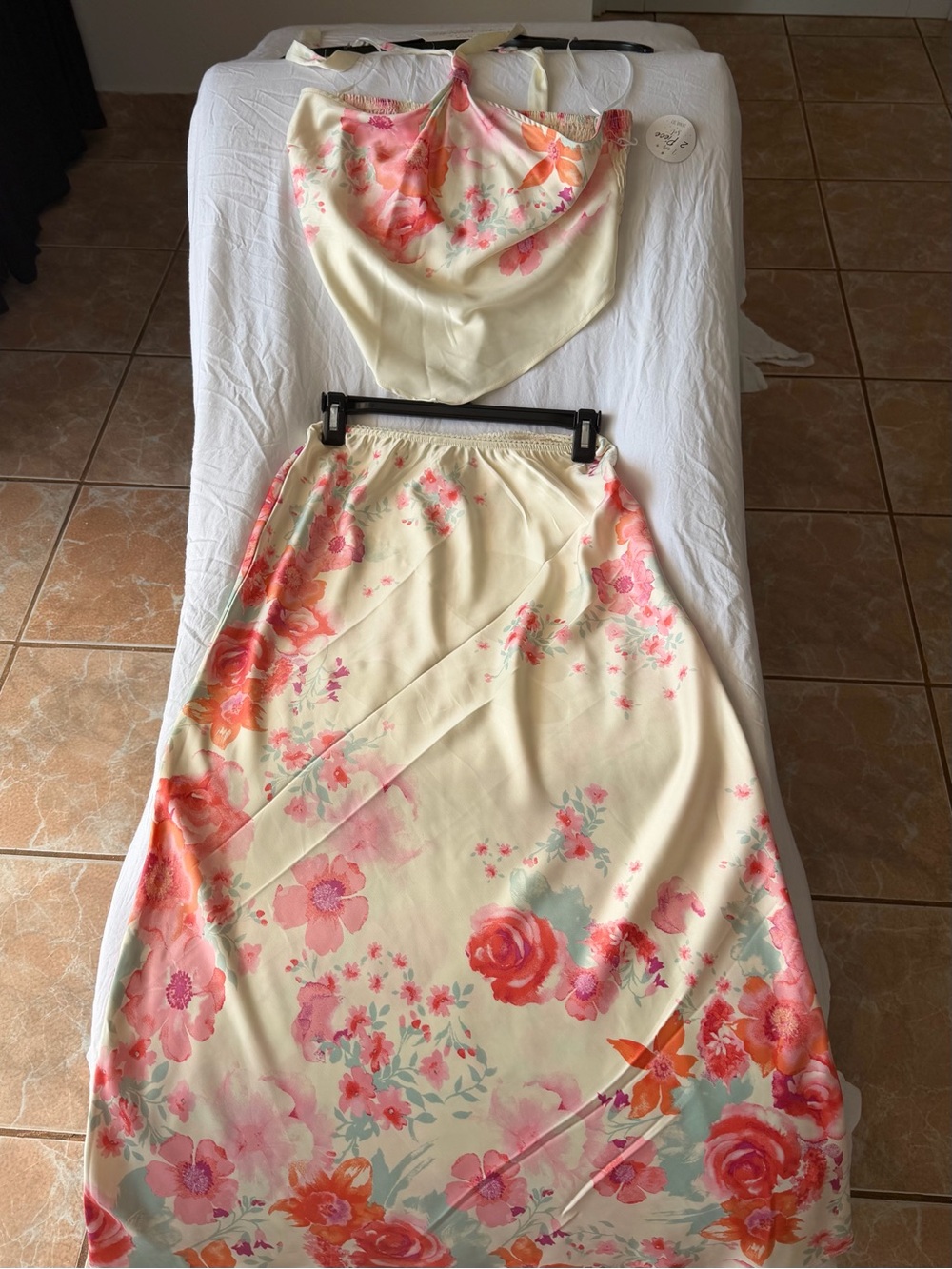 Sienna Sky 2 piece Cream Maxi Skirt and Halter Top Pink & Orange Floral Print